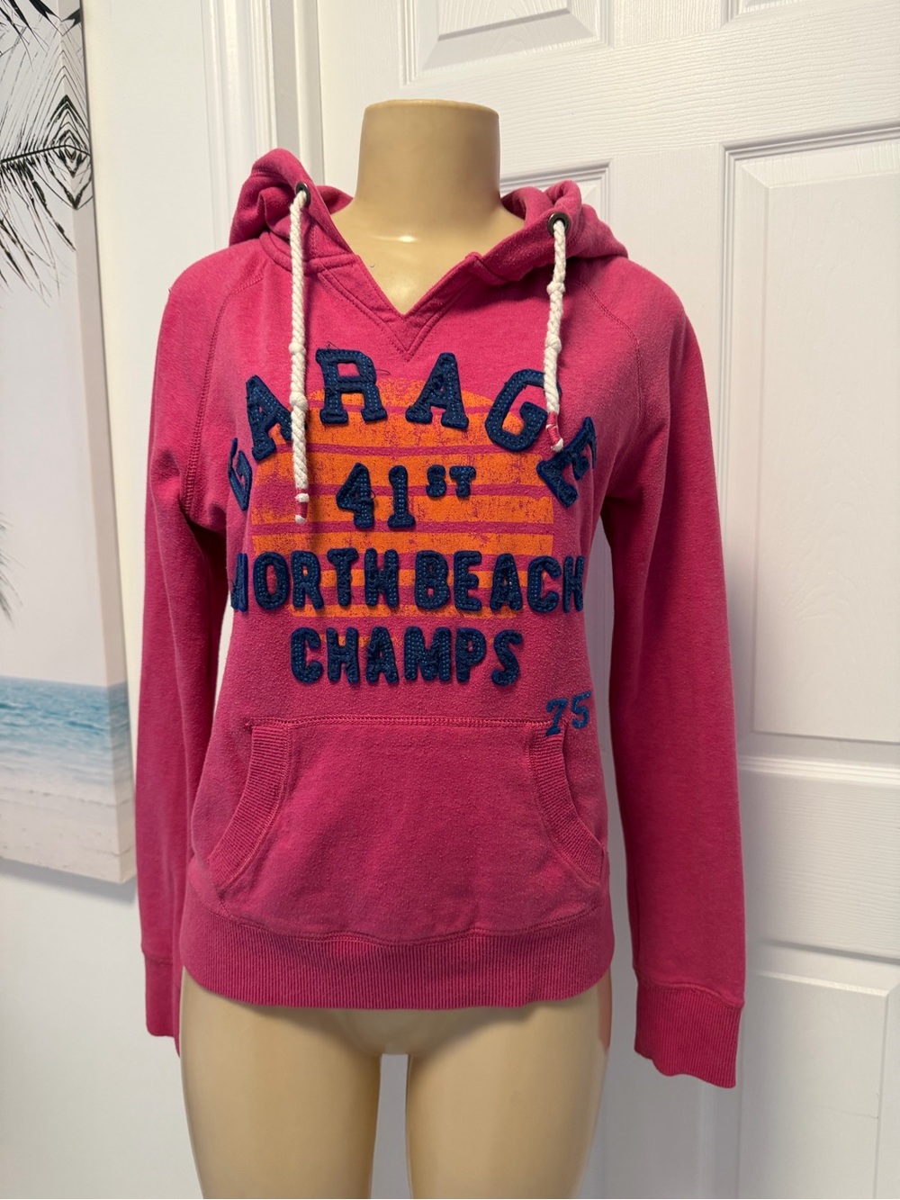 Garage Hot Pink Pullover Hoodie with Navy & Orange Graphic